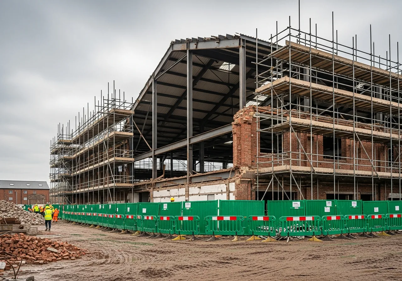 Industrial building partially demolished with scaffolding and safety barriers