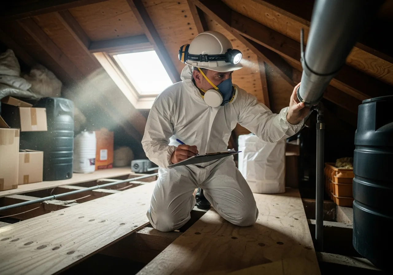 Professional asbestos surveyor in protective coveralls inspecting a loft and taking notes