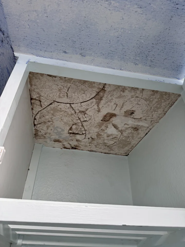 Exposed backing above a cupboard after the ceiling panel was removed