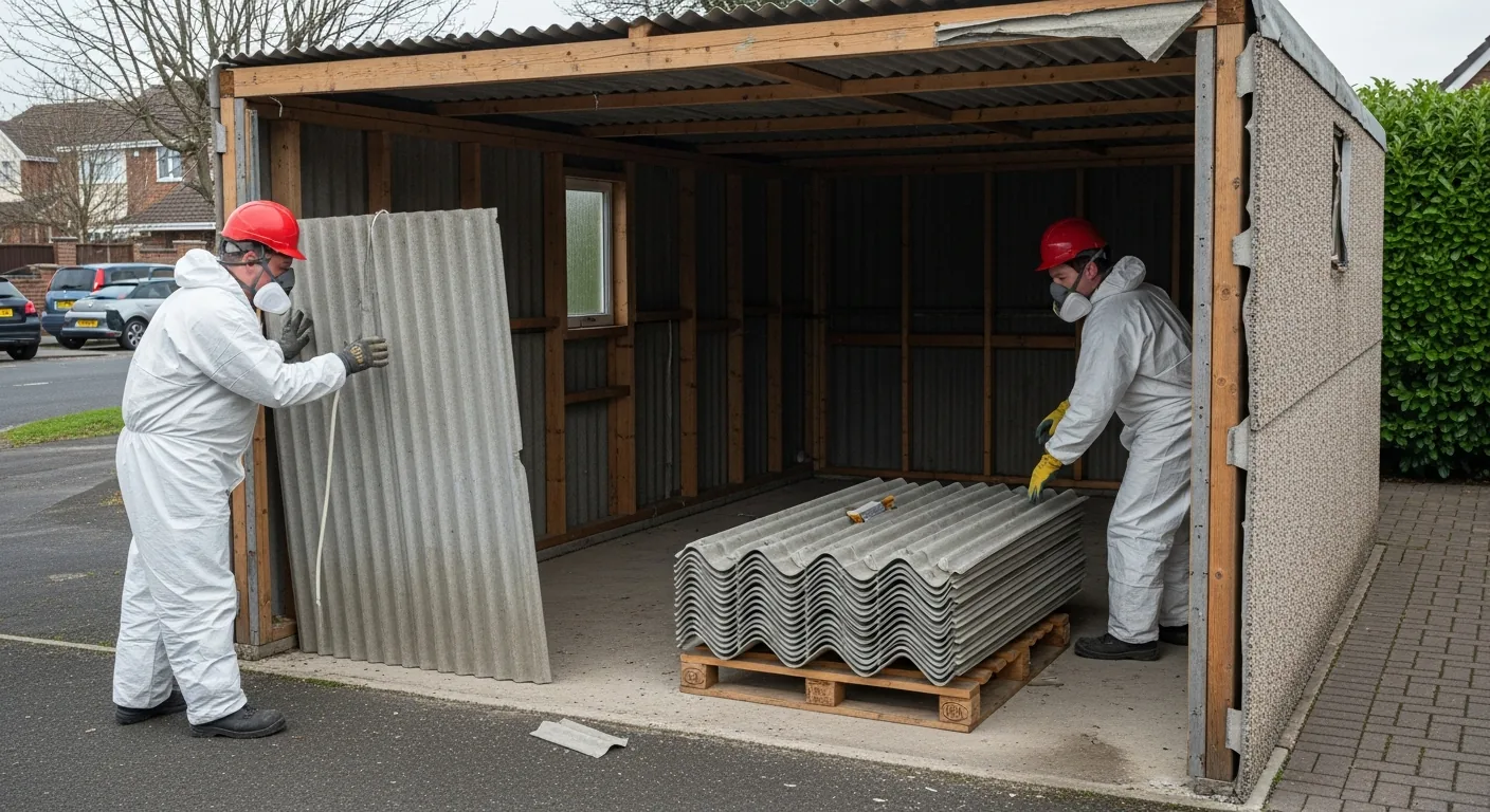 Specialists safely handling asbestos cement sheets from a garage